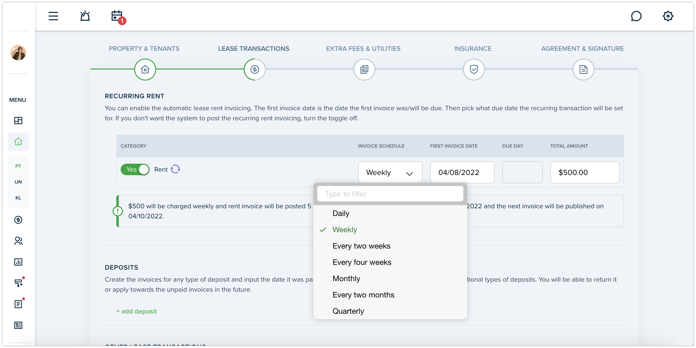 Ability to post rent invoice weekly