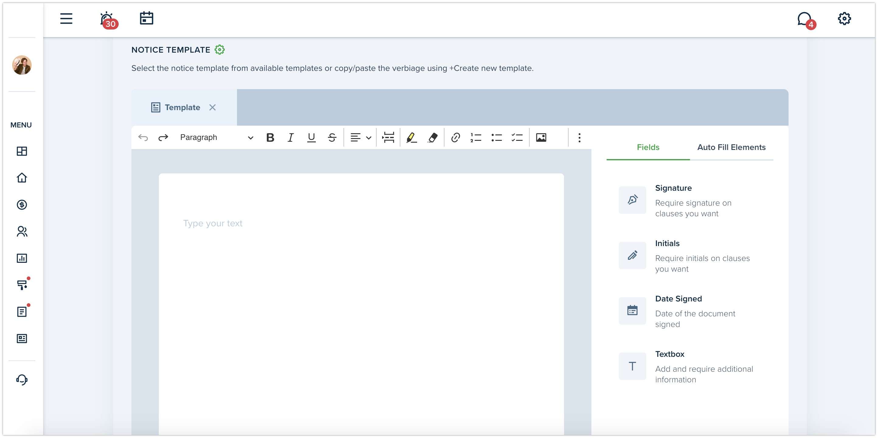 Text/PDF Editor on Send Notices flow