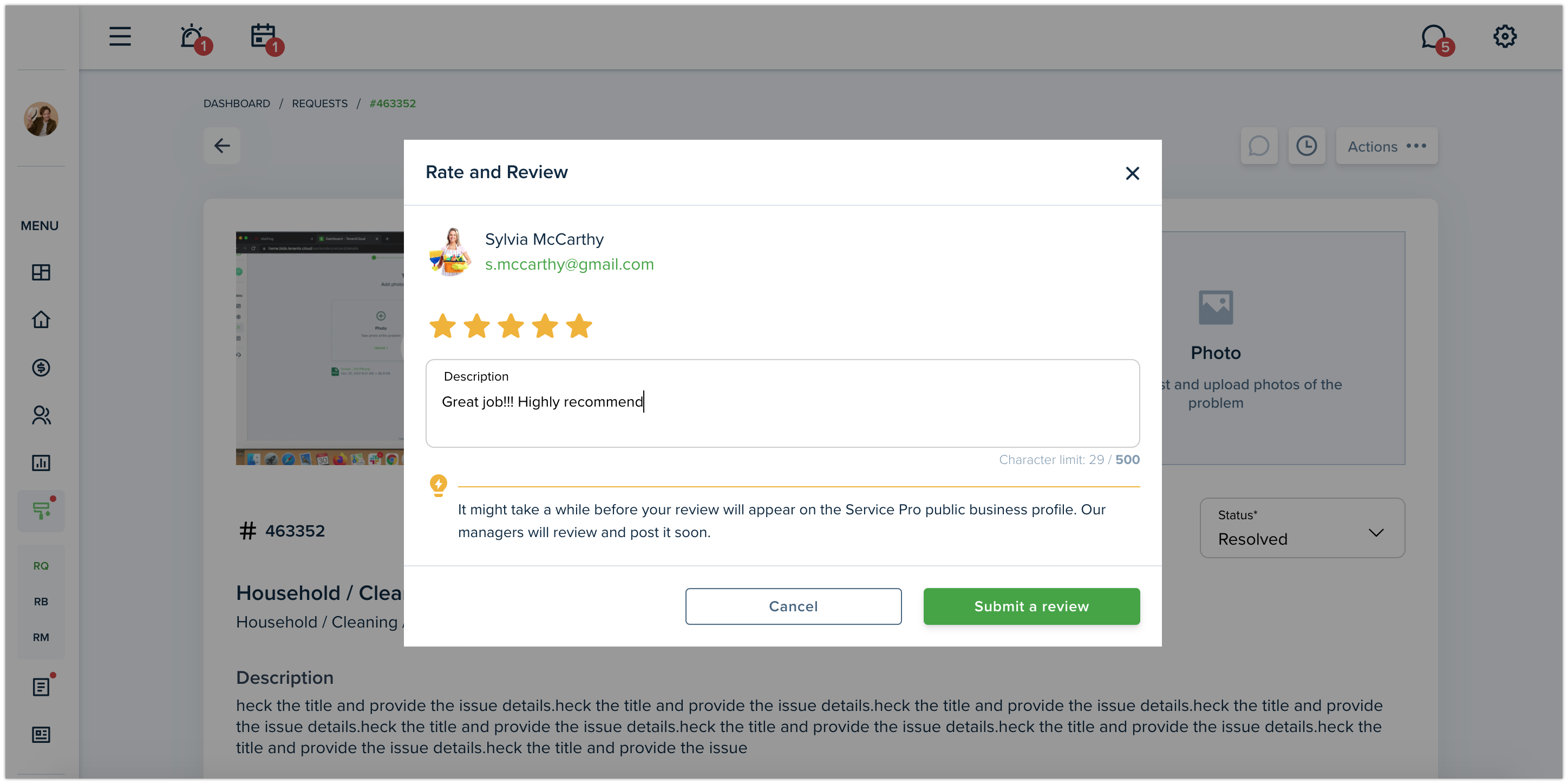 Leave a review about your Service Pro completed work